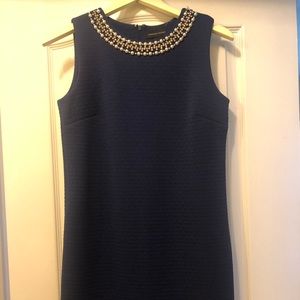 Navy Blue Rhinestone Neckline Dress